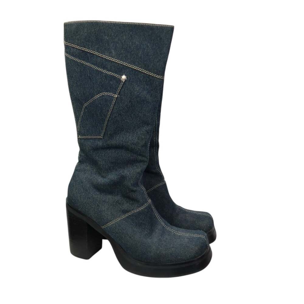 Vintage Y2K Ellemenno Jeanz Blue Denim Platform Heel Mid Calf Boots 9.5
